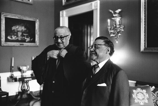 Supreme Court Justice Thurgood Marshall talks with William T. Coleman prior to Coleman’s swearing-in as secretary of transportation March 7, 1975, in Washington, D.C. (David Hume Kennerly/Getty Images)
